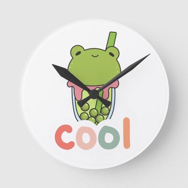 Söt Kawaii Groda Bubble Tea Cool Typografi Vektor Rund Klocka (Framsida)