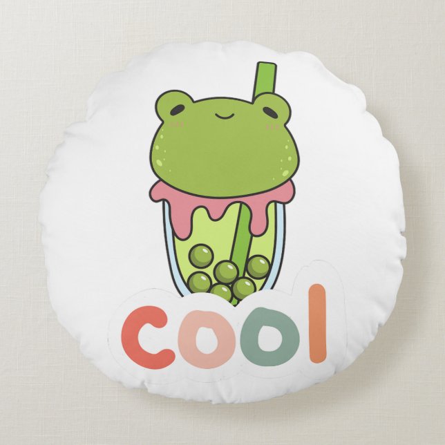 Söt Kawaii Groda Bubble Tea Cool Typografi Vektor Rund Kudde (Framsidan)