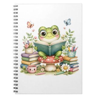 Söt Kawaii Groda som Läser en Bok | Akvarellbok Anteckningsbok
