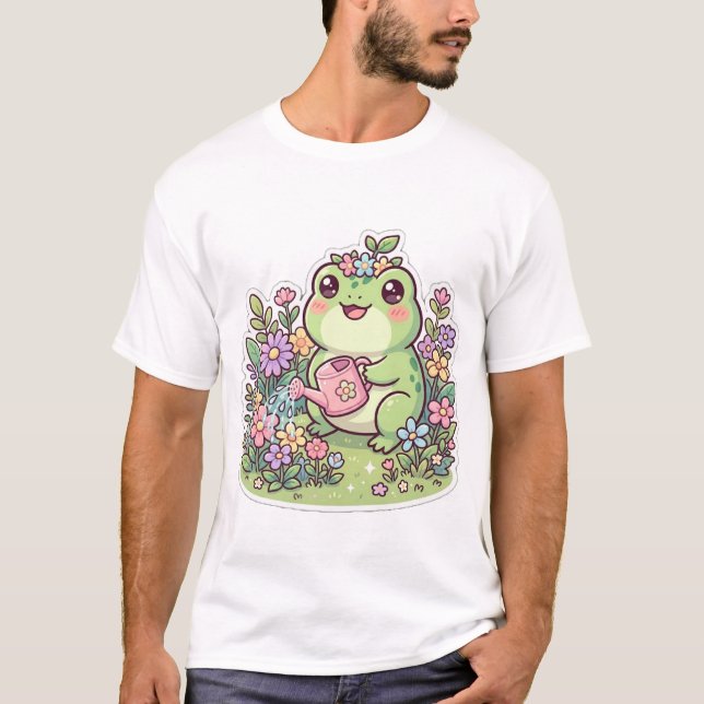 Söt Kawaii Groda Trädgårdsblommor T-Shirt (Framsida)