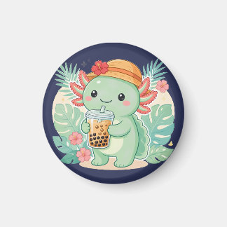 Söt Kawaii Grön Axolotl som Dricker Boba Te Kylskå Magnet