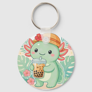Söt Kawaii Grön Axolotl som dricker Boba Te Nyckel Nyckelring