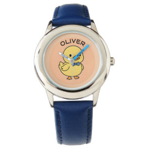 Söt Kawaii Gul Ankunge med Blå Flaska Slipsklöver Armbandsur