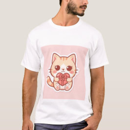 Söt Kawaii Gulorange Katt Sitter med Hjärta Presen T Shirt