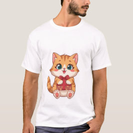 Söt Kawaii Gulorange Katt som Håller i en Röd Pres T Shirt