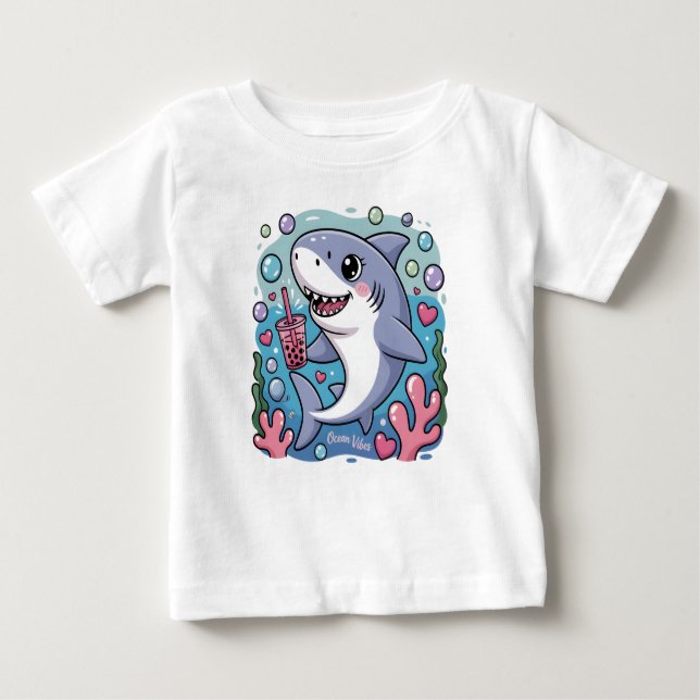 Söt Kawaii Haj Dricker Boba Te Ocean Vibes T Shirt (Framsida)