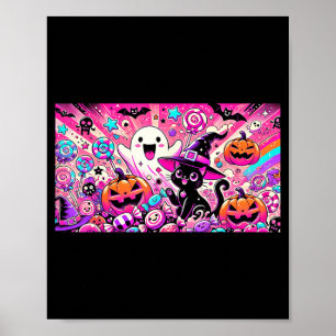 Söt Kawaii Halloween-spöke och svart katt-konst Poster