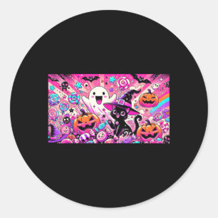 Söt Kawaii Halloween-spöke och svart katt-konst Runt Klistermärke