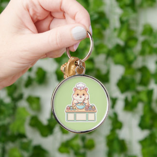 Söt Kawaii Hamsterkock som bakar Cupcakes Pastell Rund Silverfärgad Nyckelring