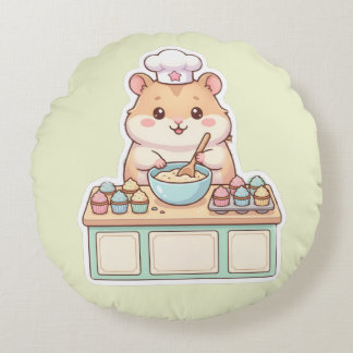 Söt Kawaii Hamsterkock som bakar Cupcakes Rund Kudde