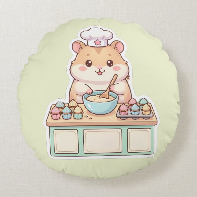 Söt Kawaii Hamsterkock som bakar Cupcakes Rund  Kudde (Framsidan)