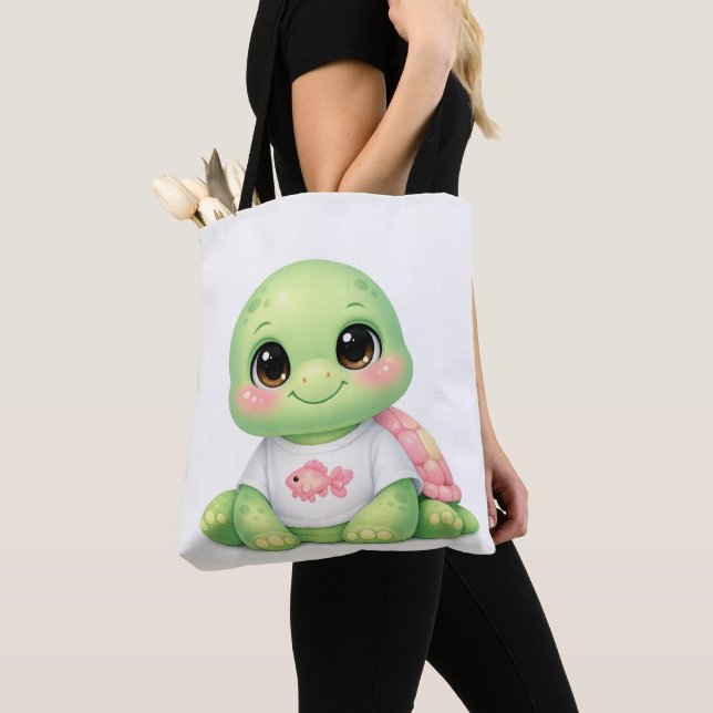 Söt Kawaii Havssköldpadda Chibi Toteväska Tygkasse (Närbild)