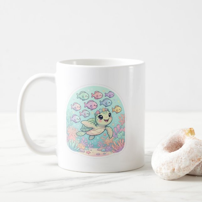 Söt Kawaii Havssköldpadda Oceanliv Vit Kaffemugg (Med munk)