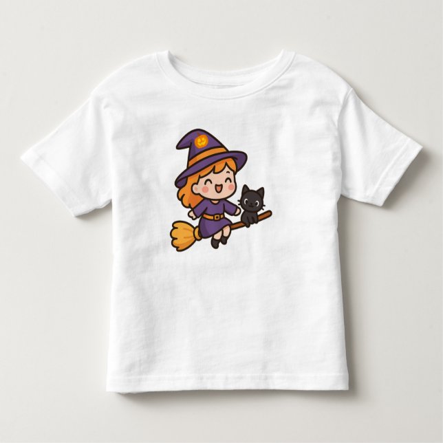 Söt Kawaii Häxa och Katt Halloween-design T Shirt (Framsida)