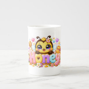 Söt Kawaii Honey Bee Namn Pastell Rosa Glittrande  Benporslin Mugg