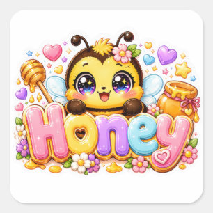 Söt Kawaii Honey Bee Namn Pastell Rosa Glittrande Fyrkantigt Klistermärke