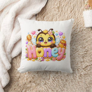 Söt Kawaii Honey Bee Namn Pastell Rosa Glittrande  Kudde