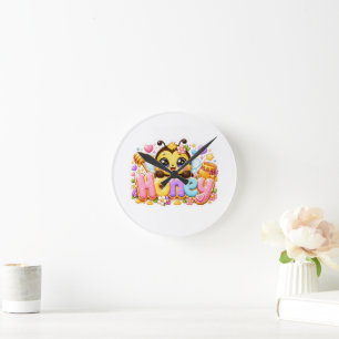 Söt Kawaii Honey Bee Namn Pastell Rosa Glittrande Rund Klocka