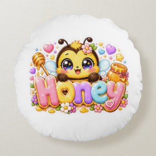 Söt Kawaii Honey Bee Namn Pastell Rosa Glittrande  Rund Kudde