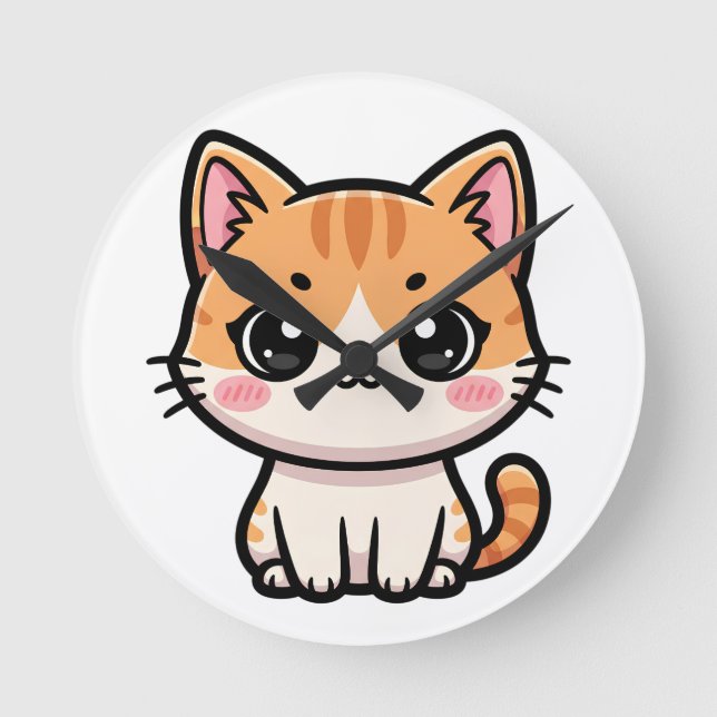 Söt Kawaii Illustration av Orange Katt Rund Klocka (Framsida)