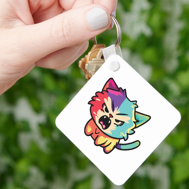 Söt Kawaii Ilsken Katt - Pop Art Väsande Kitty Nyckelring (Cute Kawaii Angry Cat - Pop Art Hissing Kitty. Keychain)