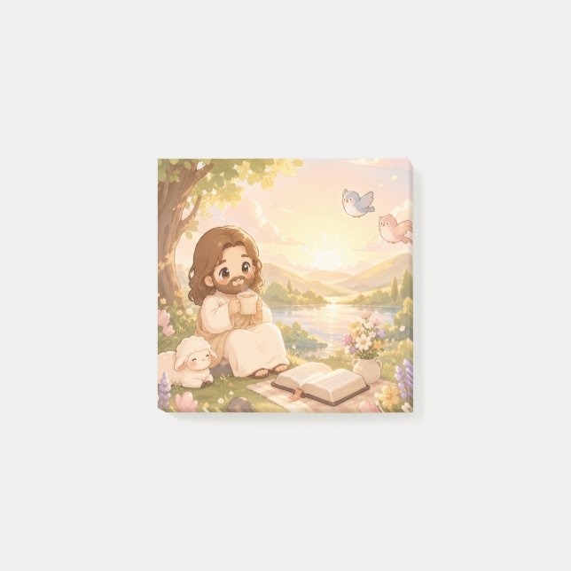 Söt Kawaii Jesus Morgonkaffe Kristet Pastell  Post-it Block (Framsida)