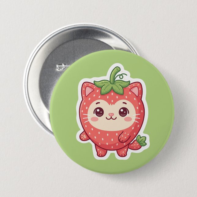 Söt Kawaii Jordgubbskatt Pinback Knapp (Framsida & baksida)