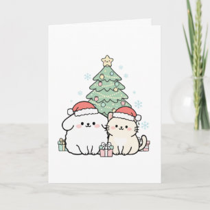Söt Kawaii Julkatt & Hund Festlig Högtid Kort
