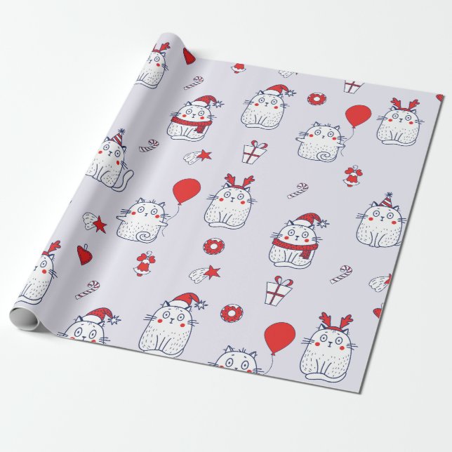 Söt Kawaii Julkatt Semester Doodle Mönster Presentpapper (Utrullad)