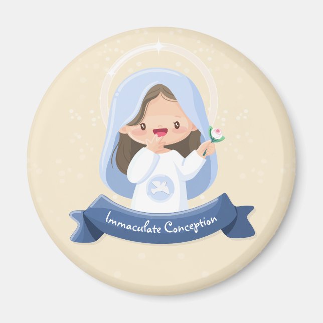 Söt Kawaii Jungfru Maria med blomma – Beige Magnet (Framsidan)