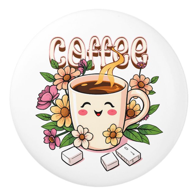 Söt Kawaii Kaffe och Blommor Knopp (Framsidan)
