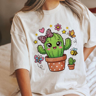 Söt Kawaii Kaktus Med Fjärilar Och Bina T Shirt