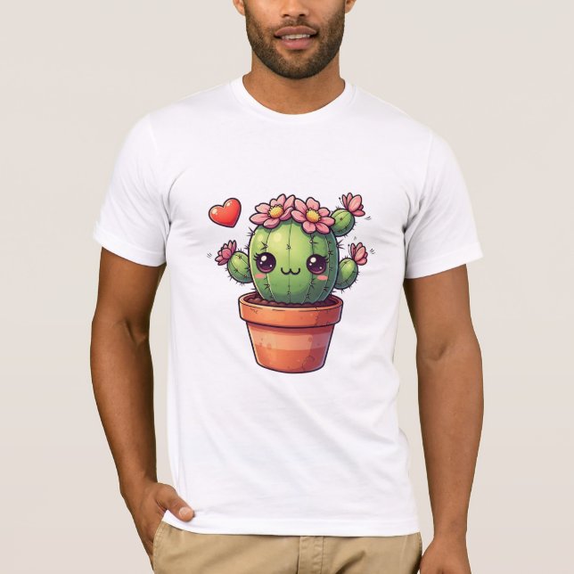 Söt Kawaii Kaktus Med Rosa Blommor T Shirt (Framsida)
