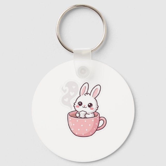 :  Söt Kawaii Kanin i tekopp knapp. Nyckelring (Framsida)