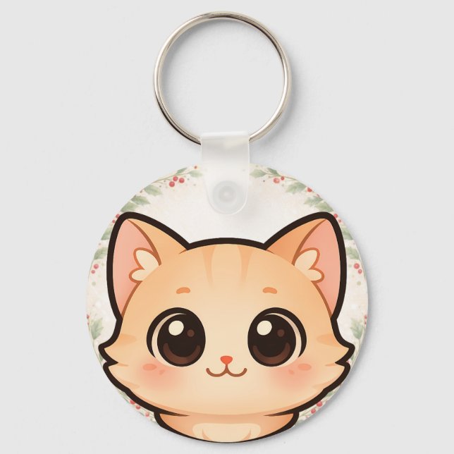Söt Kawaii Katt Ansikts Nyckelring (Framsida)