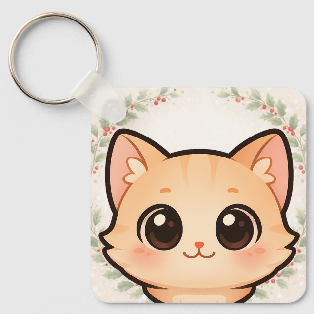 Söt Kawaii Katt Ansikts Nyckelring (Framsida)