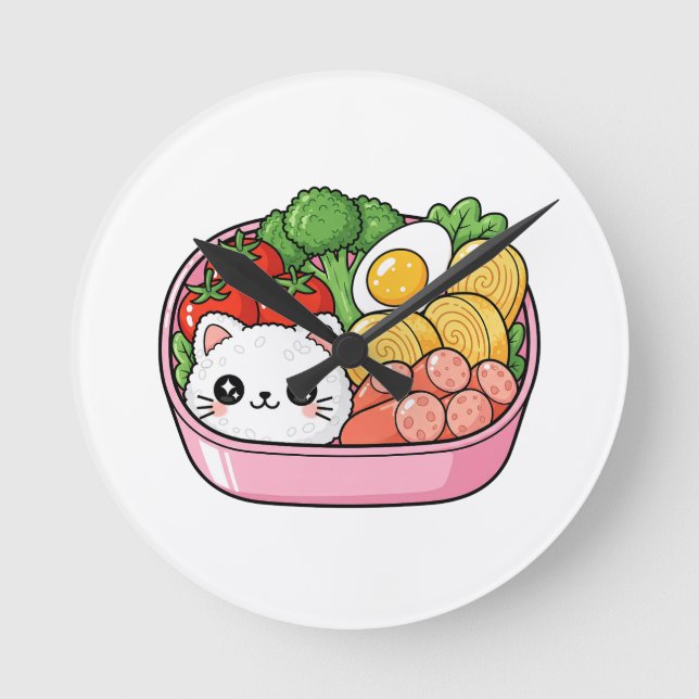 Söt Kawaii Katt Bento Box Rund Klocka (Framsida)