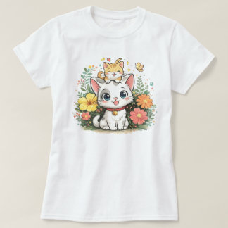 Söt Kawaii Katt Blommig Illustration | Bedårande U T Shirt