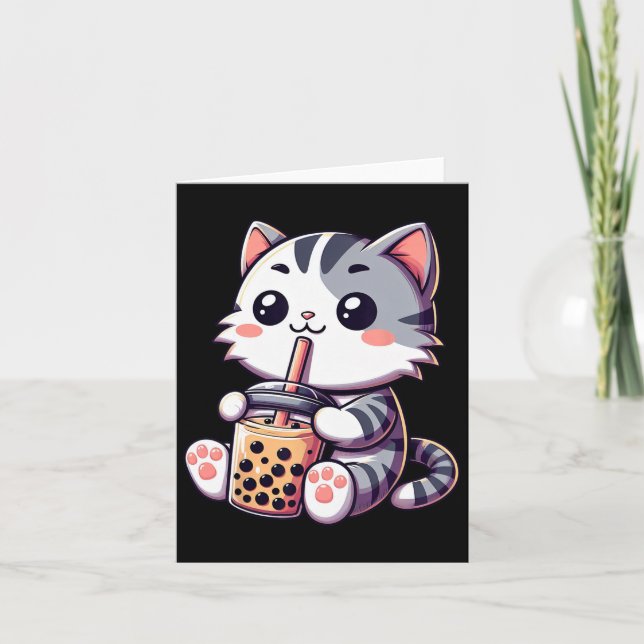 Söt Kawaii Katt Boba Bubble Milk Tea Anime Neko Ki Kort (Framsida)