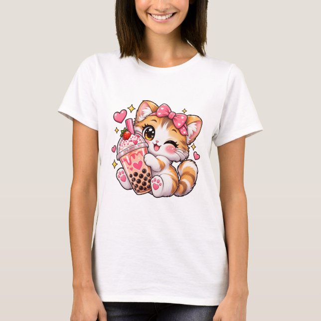 Söt Kawaii Katt Bubble Tea T-Shirt  (Framsida)