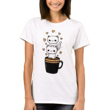 Söt Kawaii Katt Dricker Kaffe Mugg Hjärtan T-Shirt