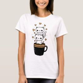 Söt Kawaii Katt Dricker Kaffe Mugg Hjärtan T-Shirt