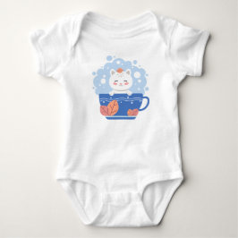 Söt Kawaii Katt i en Blå Tekopp Baby Bodysuit T Shirt