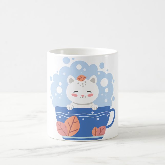 Söt Kawaii Katt i en Blå Tekopp Kaffe Mugg (Center)