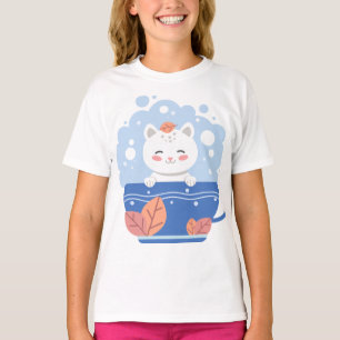 Söt Kawaii Katt i en Blå Tekopp Tjej T-Shirt