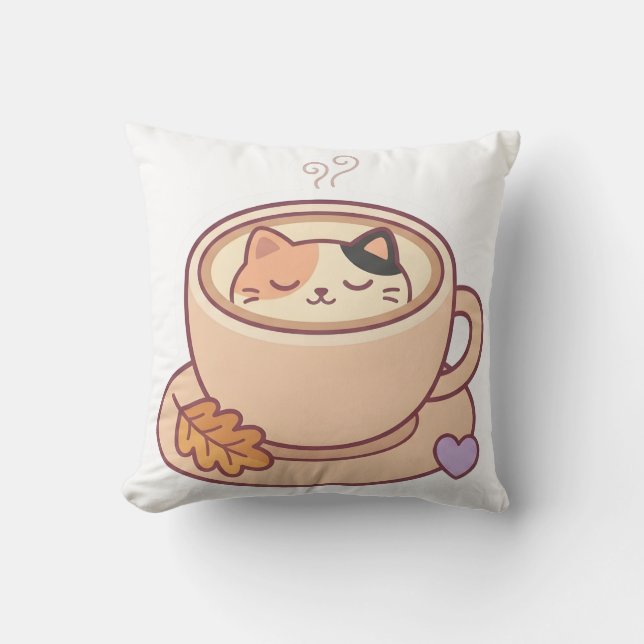 Söt Kawaii Katt Kaffe Kopp Kastkudde Kudde (Framsida)