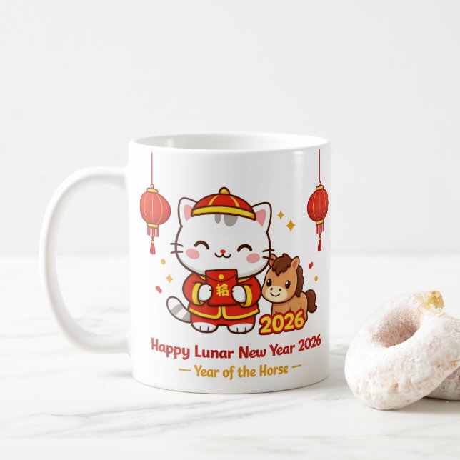 Söt Kawaii Katt Lunar Nyår 2026 Mugg (Med munk)