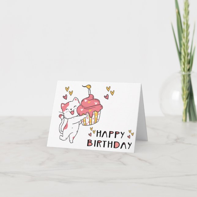 Söt Kawaii katt med cupcakes födelsedagskort Kort (Framsida)