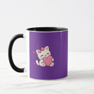 Söt Kawaii Katt med Rosa Hjärtan Mugg