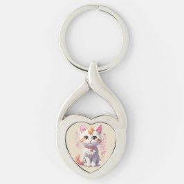Söt Kawaii Katt med Stora Ögon Twisted Heart Silverfärgad Nyckelring